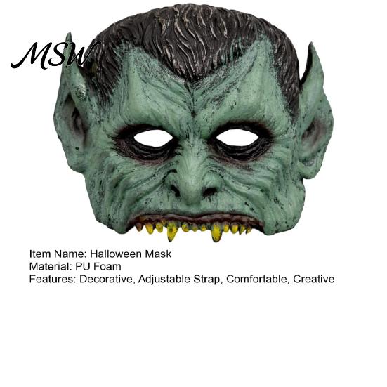 Retro Distressed Vampire Mask Green Halloween Mask, Half Face with Pointy Ears & Sharp Teeth, Creepy Costume Accessory Party Lightweight PU