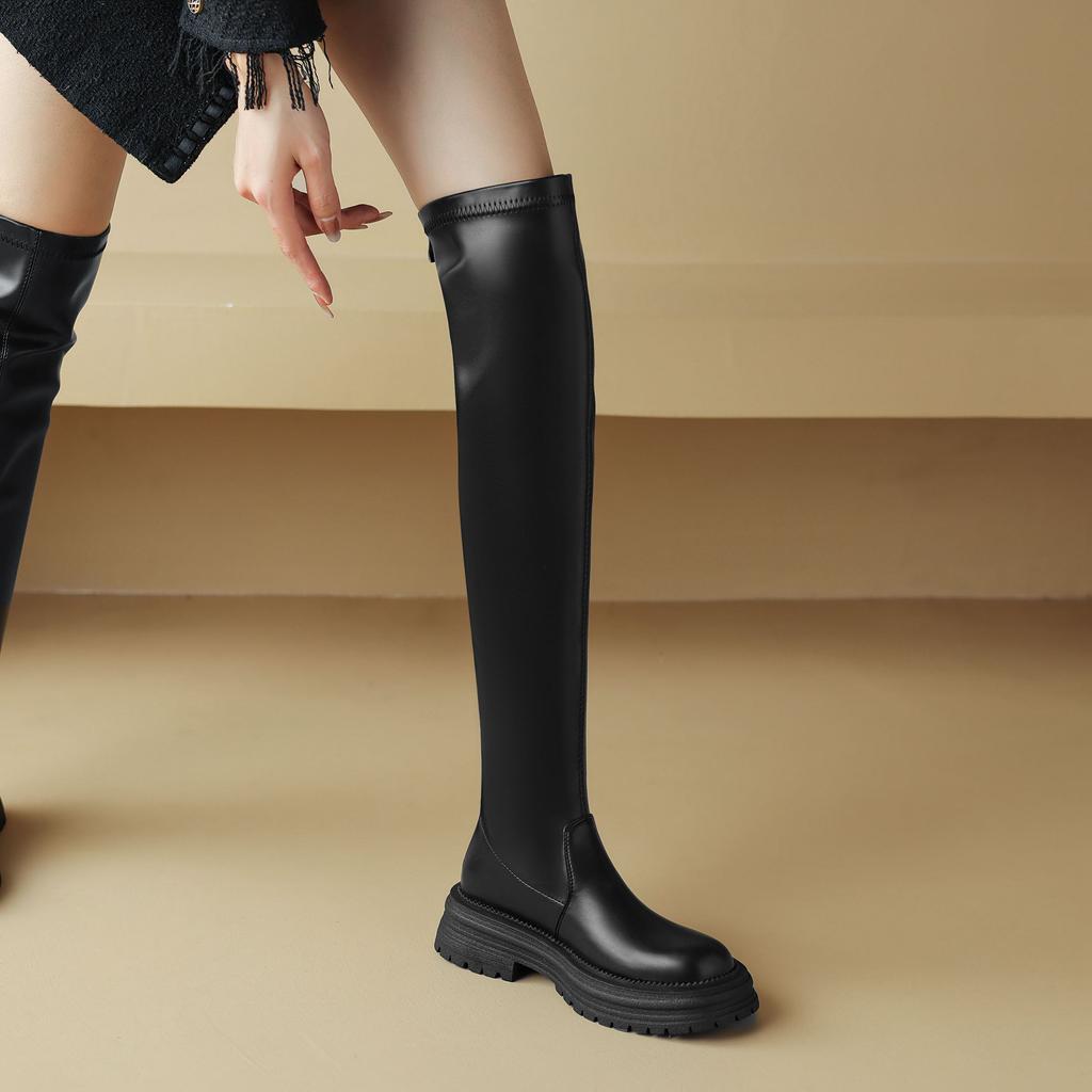 Krazing Pot Microfiber Autumn Winter Shoes Med Heels Flat Platform Size 42 Over-the-knee Boots Slip On Elastic Thigh High Boots