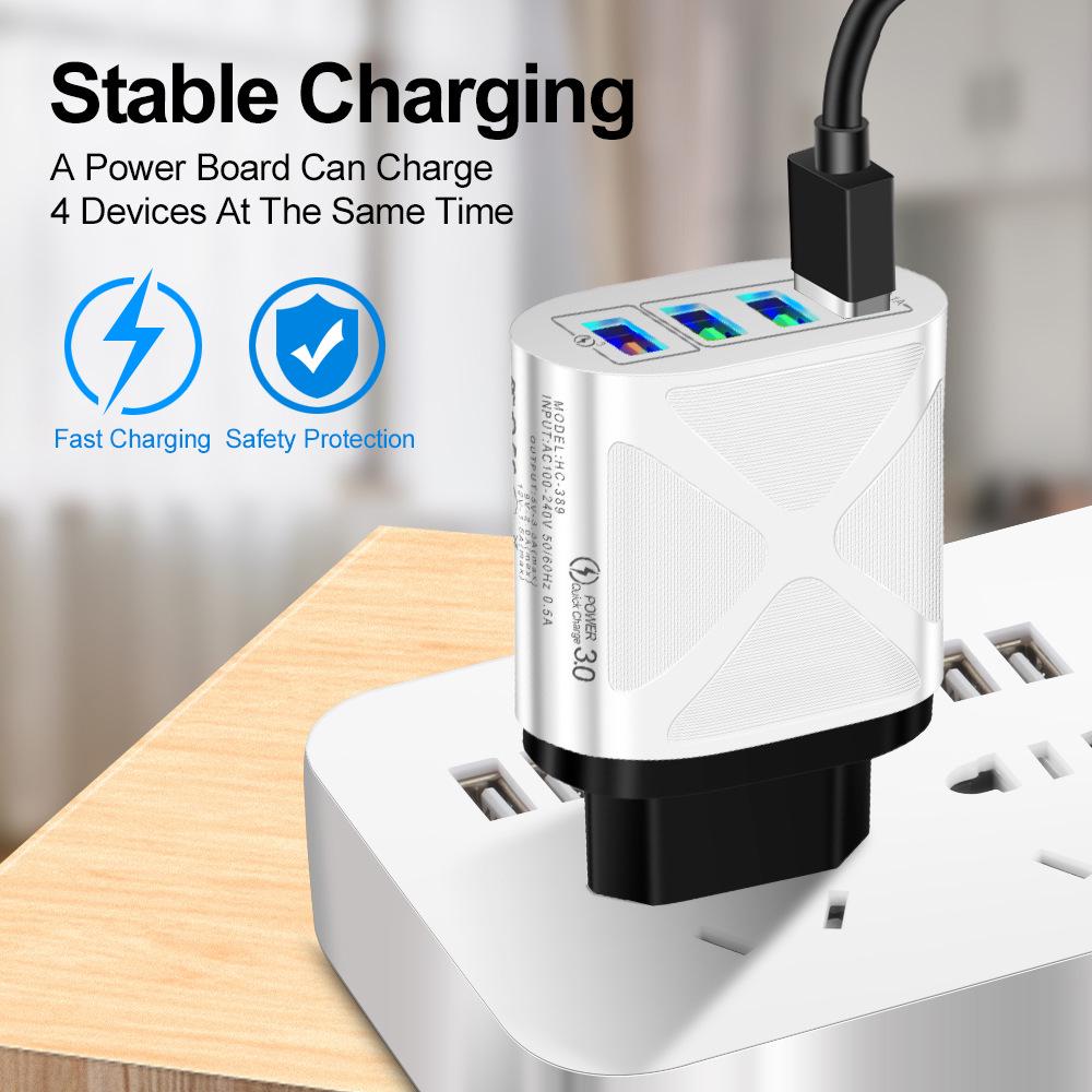 European Standard QC3.0 Multi-Port Fast Charger: 4-USB, 5V/9V/12V, Travel Adapter for EU/US/UK/AU