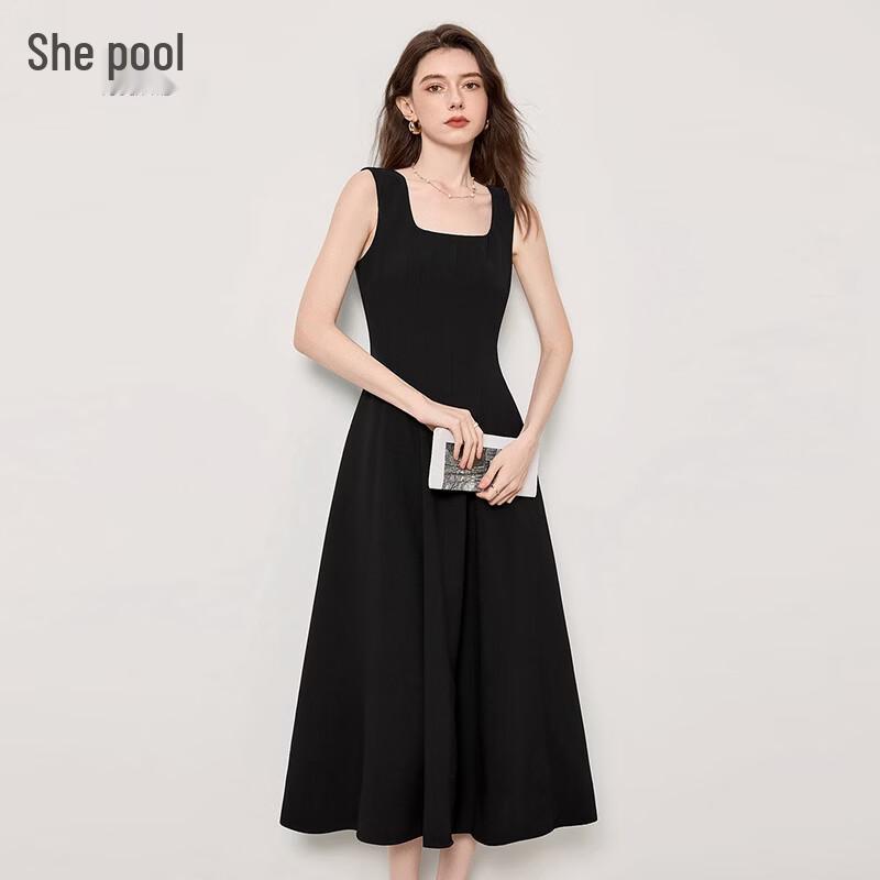 Ее бассейн Французское Элегантное Квадратный Воротник Маленькое Черное Платье M