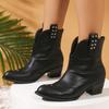 Block Heel Leather Boots New Round Toe Rhinestone Sleeve Non-Slip Wear-Resistant All-Match Booties For Autumn And Winter