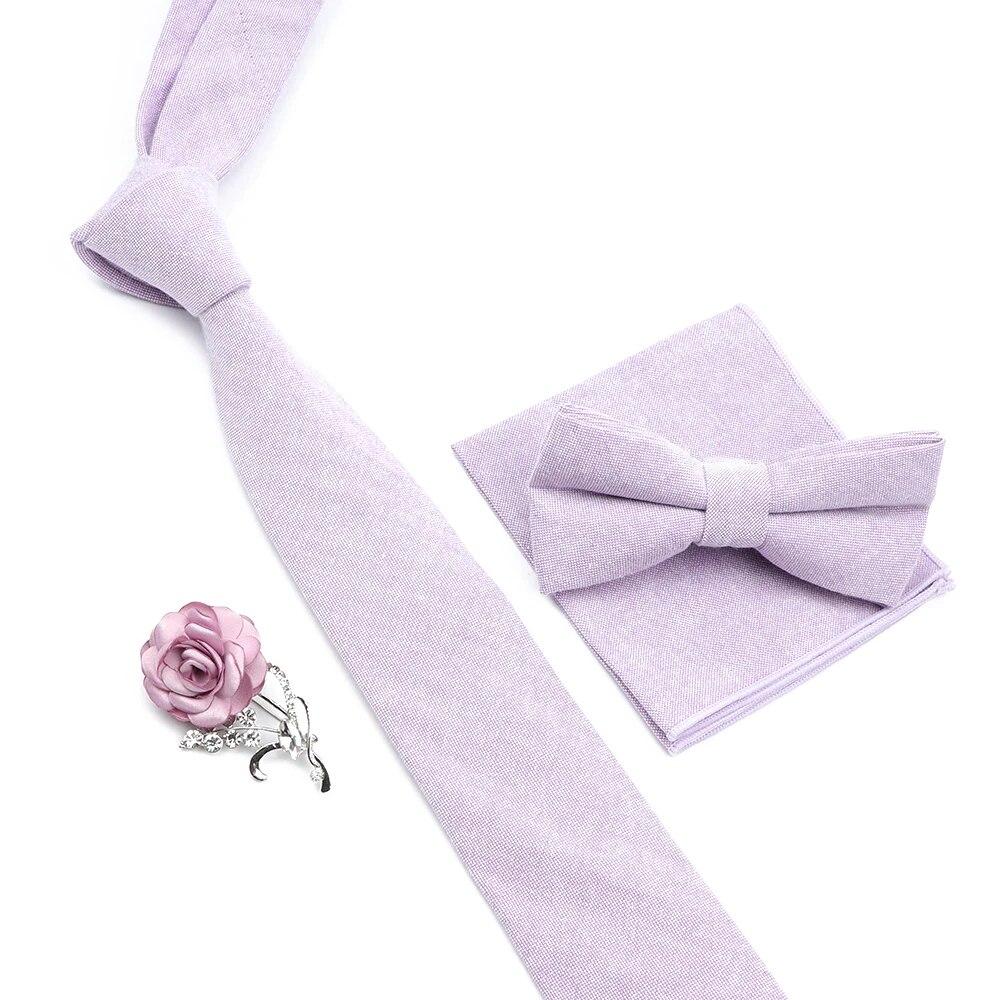 Solid Color Cotton Necktie Set For Men Tie 4pcs Hanky Cufflinks Rhinestone FLoral Brooch Tie Set