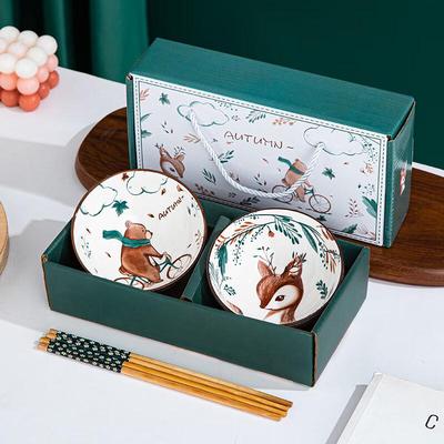 Bear & Deer Ceramic Bowl and Chopstick Gift Set