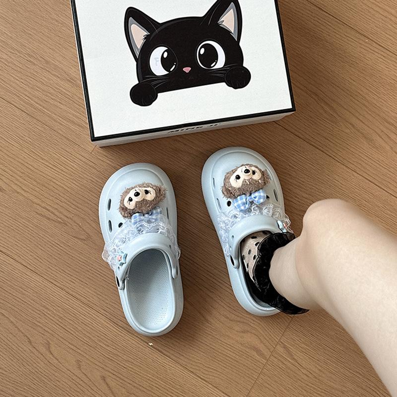 Cute and Sweet Shirley Rose Bow Hole Shoes Women's Summer 2025 Fashion Outer Wear Lace Edge Bag Head Slippers