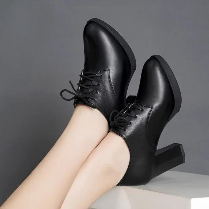 Women's High Heels Shoes Platform Bottom Black Work Shoes Woman Dress Spring Autumn Round Toe Thick Heel Big Size 43 Casual Pump