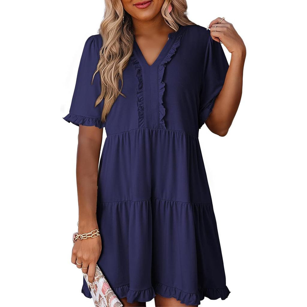 Women's Fashion Casual Ruffled Dress Short Sleeve V-Neck Large Swing Dress