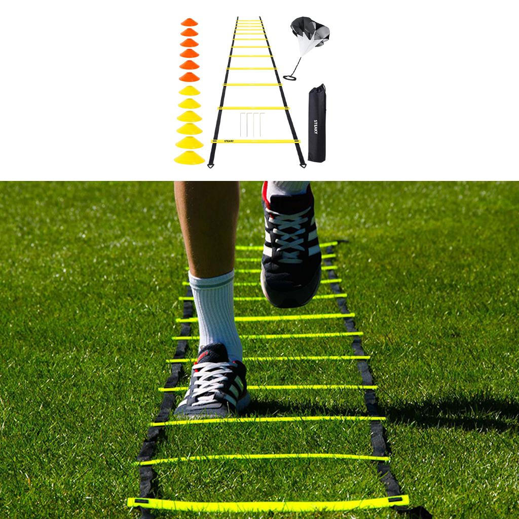 & Agility Training Set—Includes 12 Rung Ladder with Carrying Bag, Disc Cones, Use Resistance Parachute