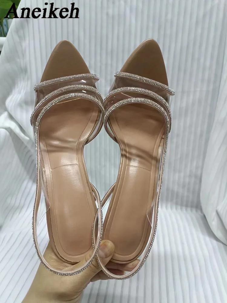 Women Summer Rhinestone Slingback Pumps Office Lady Transparent Heeled Sandals Elegant Pointed Toe Female Sexy High Heels