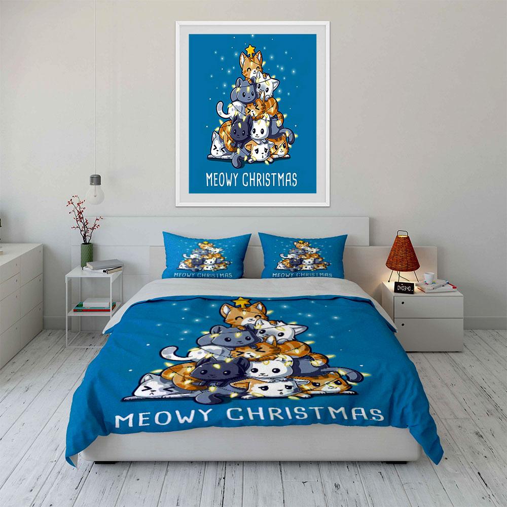 Christmas Cat Tree Pattern Bedding Duvet Cover Set Duvet Cover Pillowcases  (1*Duvet Cover 2*Pillowcases, Without Duvet Insert)