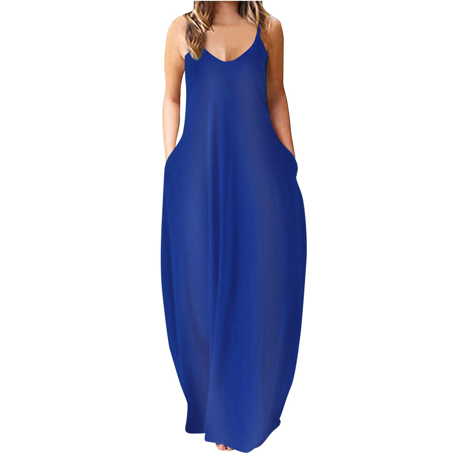 

Женские свободные простые макси-платья без рукавов, повседневное длинное платье на бретельках с карманами XXXXL синий