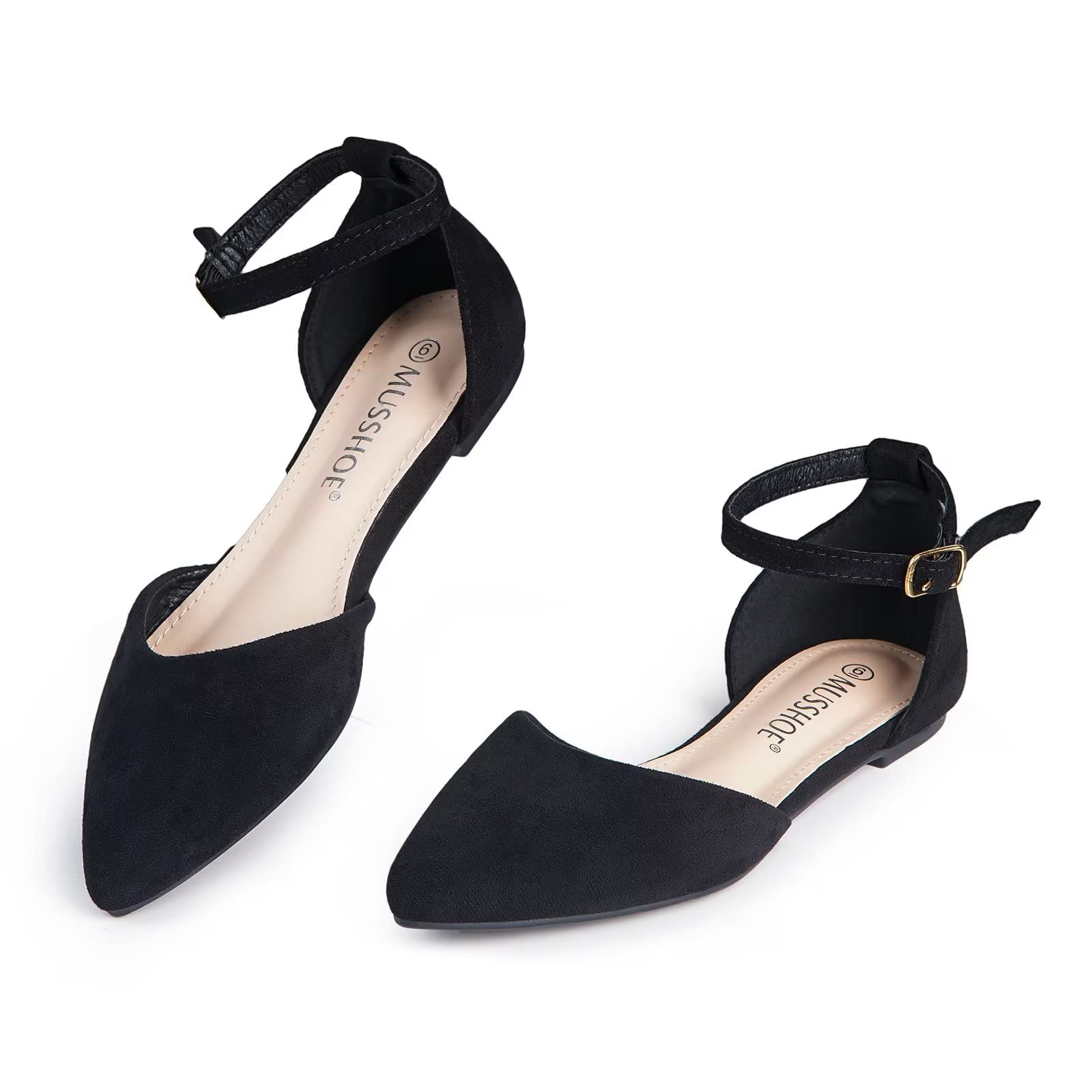 

MUSSHOE Flat Shoes Women Pointed Toe Ankle Strap Ballet Flats Adjustable Buckle Flats Dress Shoes for Work Wedding Office Casual 40