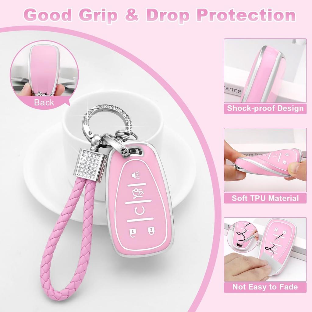 PIFOOG Key Fob Cover Fit for Chevy Pink 5 Button Car Keys Case Shell Bling Keychain Accessories Fits for Malibu Equinox Blazer Traverse Camaro Cruze