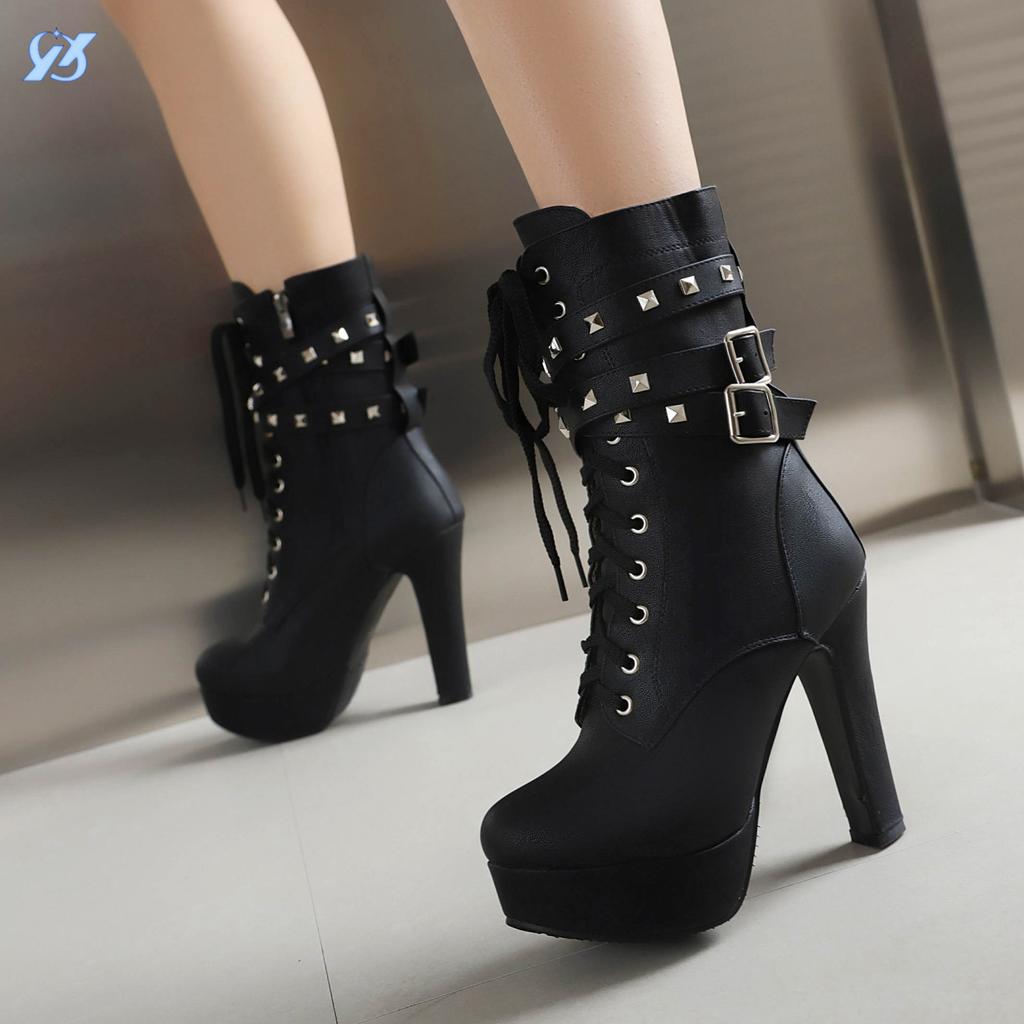 Autumn and winter new European and American fashion round head waterproof table casual short boots thick heel sexy rivet lace-up large size Martin