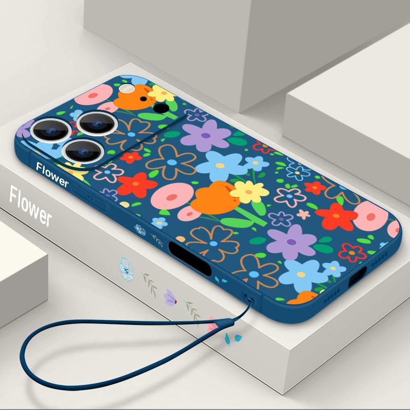 Pink Cartoon Floral Lanyard Case For iPhone 17 Pro Max iPhone 16 15 14 13 Pro Max 11 16E 17E Soft Silicone Phone Back Cover