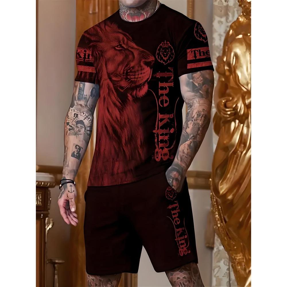 Fashion Lion Pattern Shorts Short Sleeved Set Men's Quick Drying Sports T-shirt Drawstring Shorts Two-piece Set Men's T-shirt