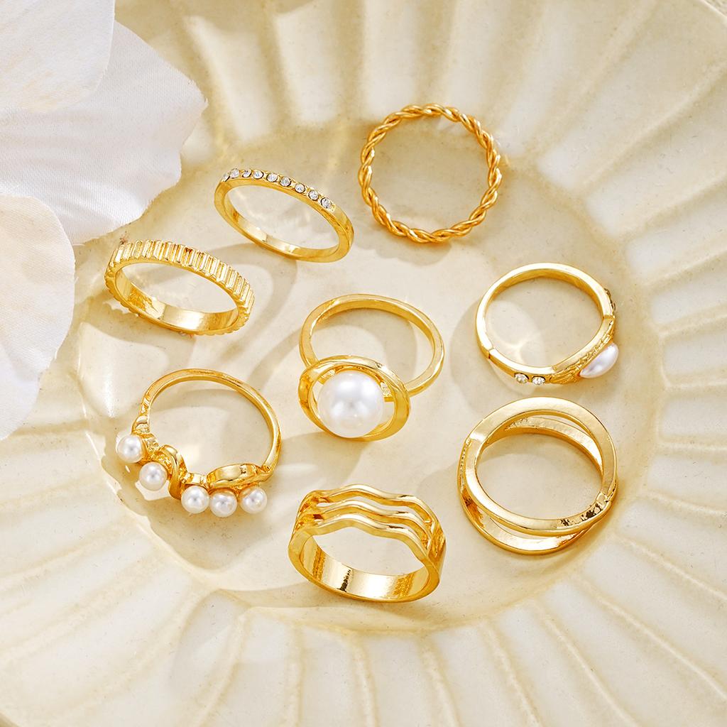 8Pcs/Set Gold Color Imitation Pearl Crystal Rings for Women Geometric Wave Cross Twisted Finger Ring Fashion Jewelry Accessories