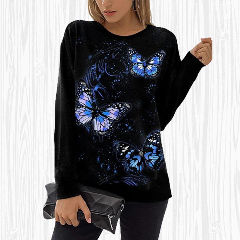 Tops de otoño para mujer, camiseta informal de manga larga con estampado de mariposas y gatos holgados, blusa superior