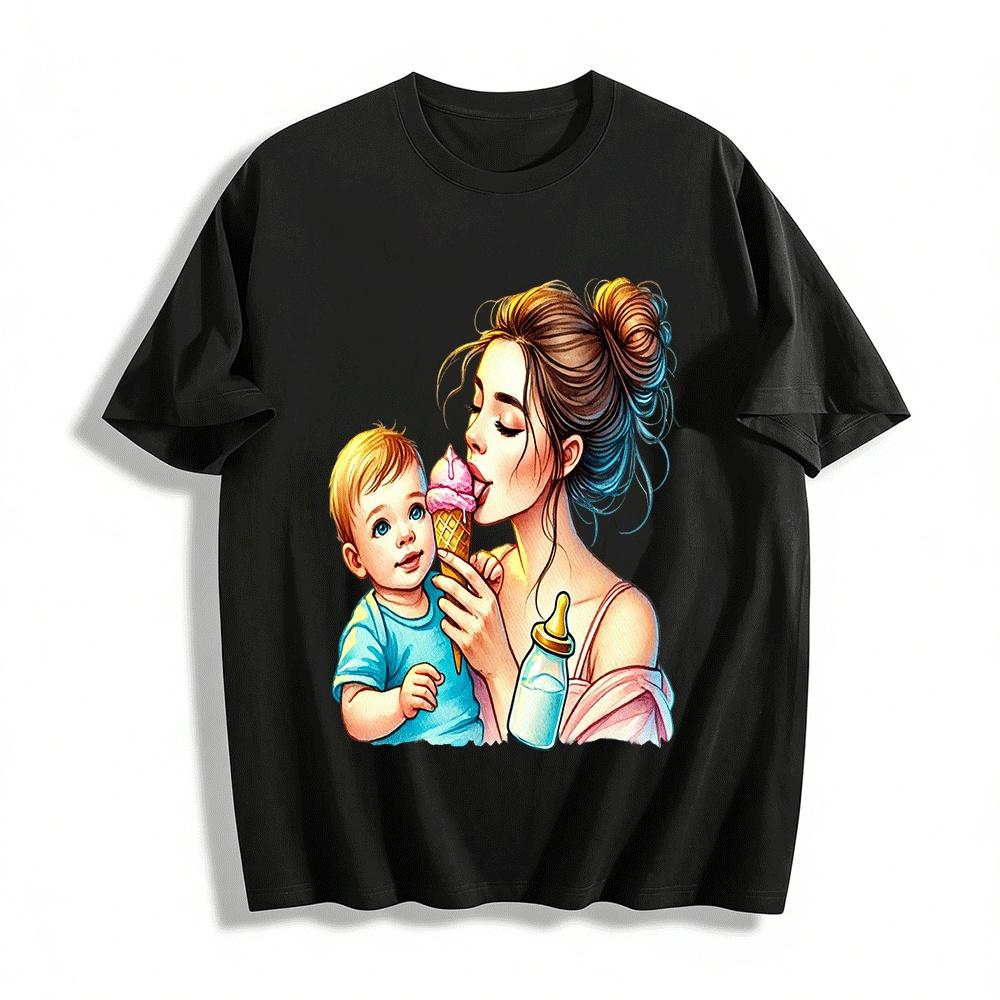 Mom And Baby Ice Cream Print Casual Top Warm Family Themed Tee Pure cotton T-shirt XXS