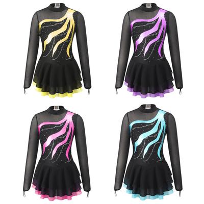 Vestido de patinaje artístico para niña, manga larga, diamantes de imitación, espalda abierta, malla, práctica, competición, patinaje sobre hielo