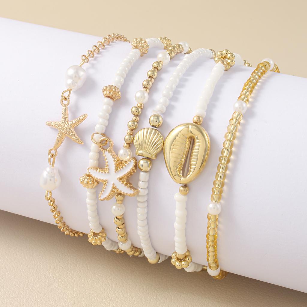 Vintage Seed Bead Stacked Bracelet Set Starfish Shell Embellishment Bracelets Elegant Women's Summer Beach Party Ideal Zircon