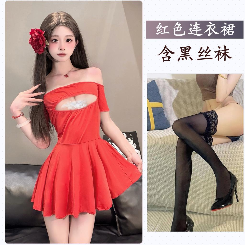 Sexy Underwear, Sexy Hollowed-out One-word Shoulder Ice Silk Nightdress, Pure Desire, Lotus Leaf Edge, Super Short Free Women