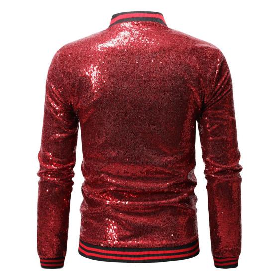 Men Sequin Jacket Stand Collar Shiny Long Sleeves Slim Fit Zipper Closure Cardigan Mid Length Stage Show Dance Performance Coat