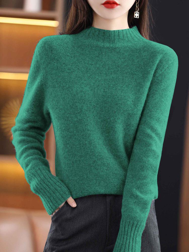 Women's Wool Sweater: Autumn/Winter Half-High Neck, Warm, Solid Color, Loose Fit, Commuter Style