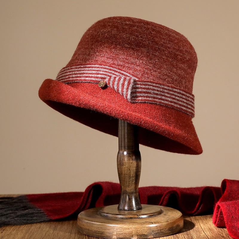 Autumn and winter crimped knitted wool basin hat contrasting stripes women's retro casual warm top hat elegant bucket hat