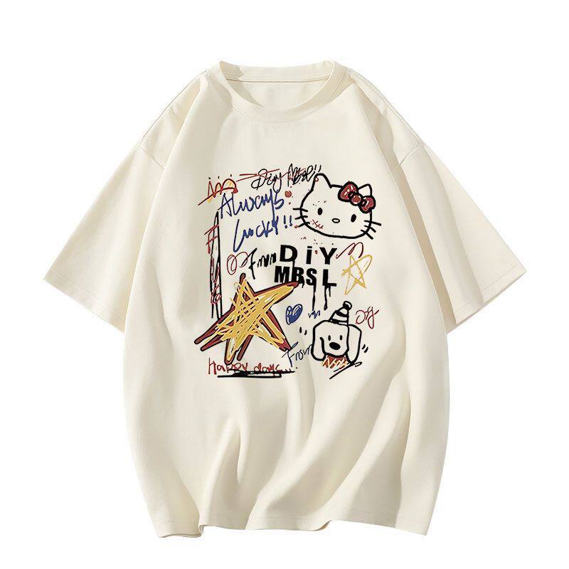Cotton White Short-sleeved T-shirt Women's New HelloKitty Graffiti American Loose Fat MM Half-sleeved Top