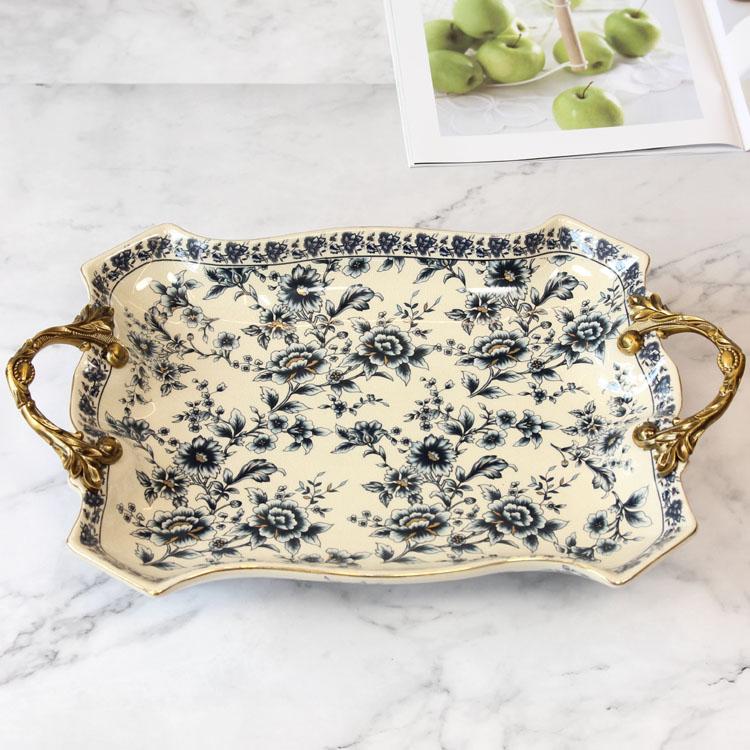 European-style Luxury Ceramic Fruit Tray with Handles Soft Ornaments High Quality Storage Trays Dried Fruit Plate
