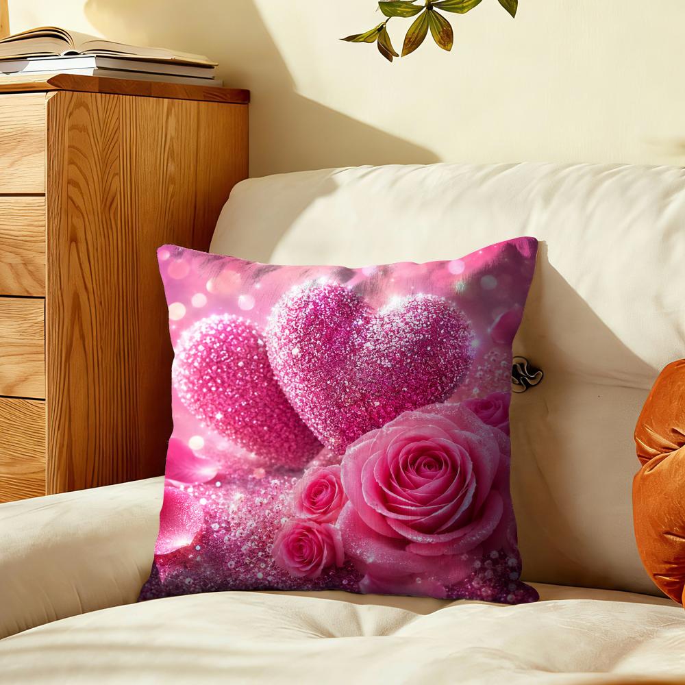 Pink Glitter Hearts Roses Cushion Cover Plush Fabric Soft DoubleSided Printed Sofa Warm Winter Home Gift Pillow Cover