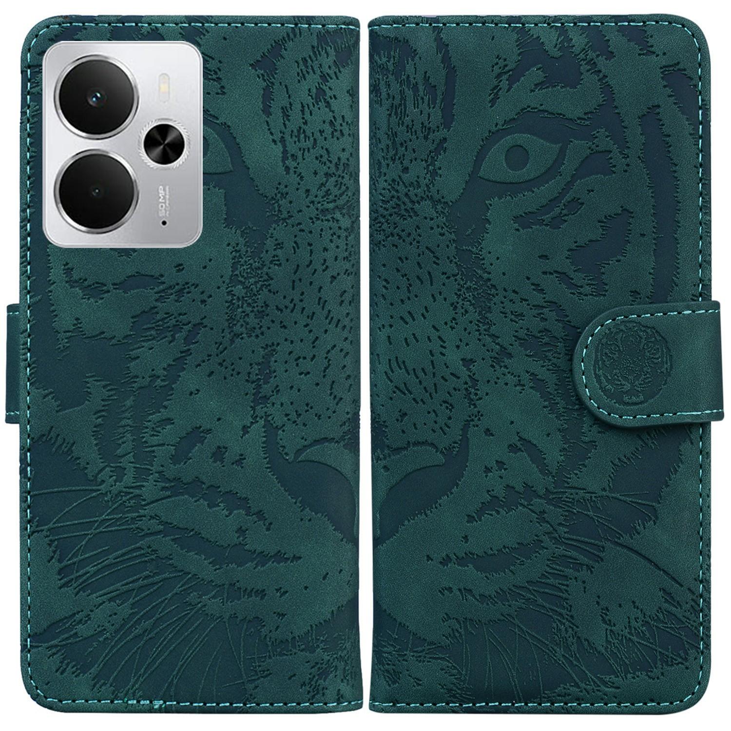

For Realme 14 5G Case Tiger Imprint Leather Wallet Phone Cover Green