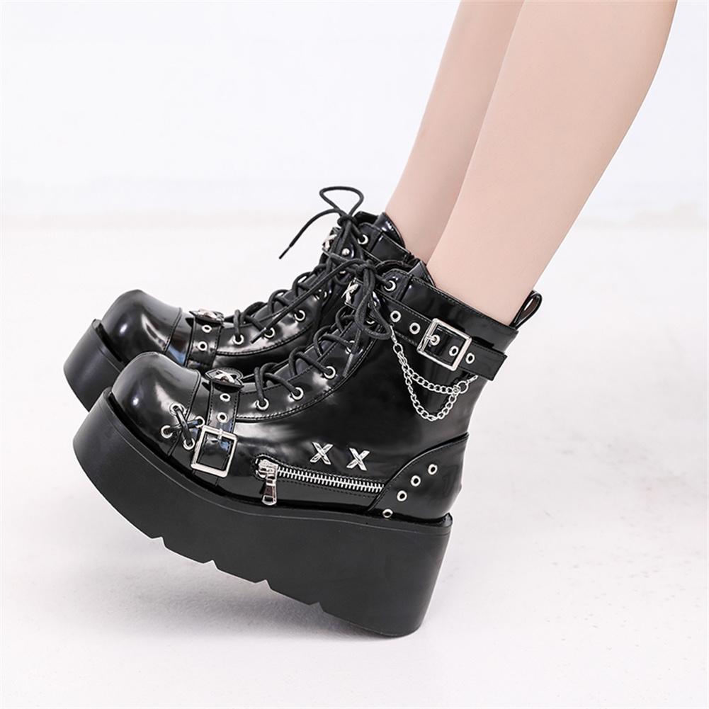 Fashion Brand New Ladies Goth Platform Ankle Boots Fashion Buckle Zip Rivet Punk Wedges High Heels Womens Boots Party Street Woman Shoes