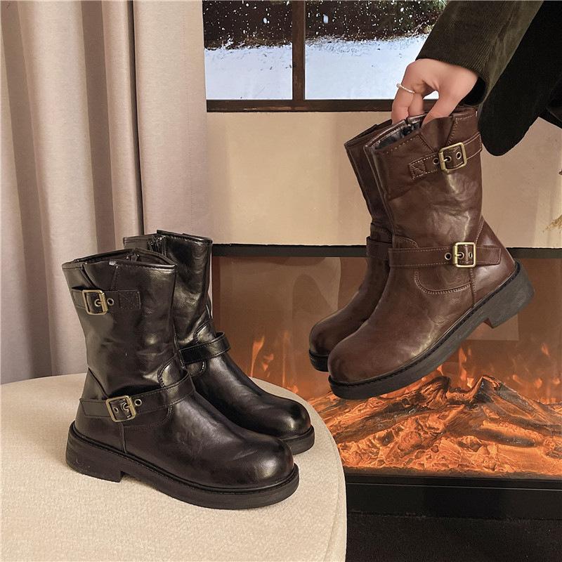 British Style Belt Buckle Martin Boots Women's 2025 Autumn New Flat Bottom Fashion Versatile Round Head Short Boots Black