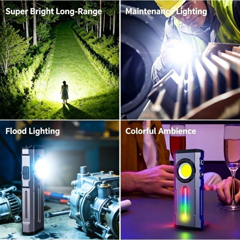 COB Work Light Type-C Rechargeable Flashlight with RGB Light Portable Hat Clip Lamp for Camping & Emergency