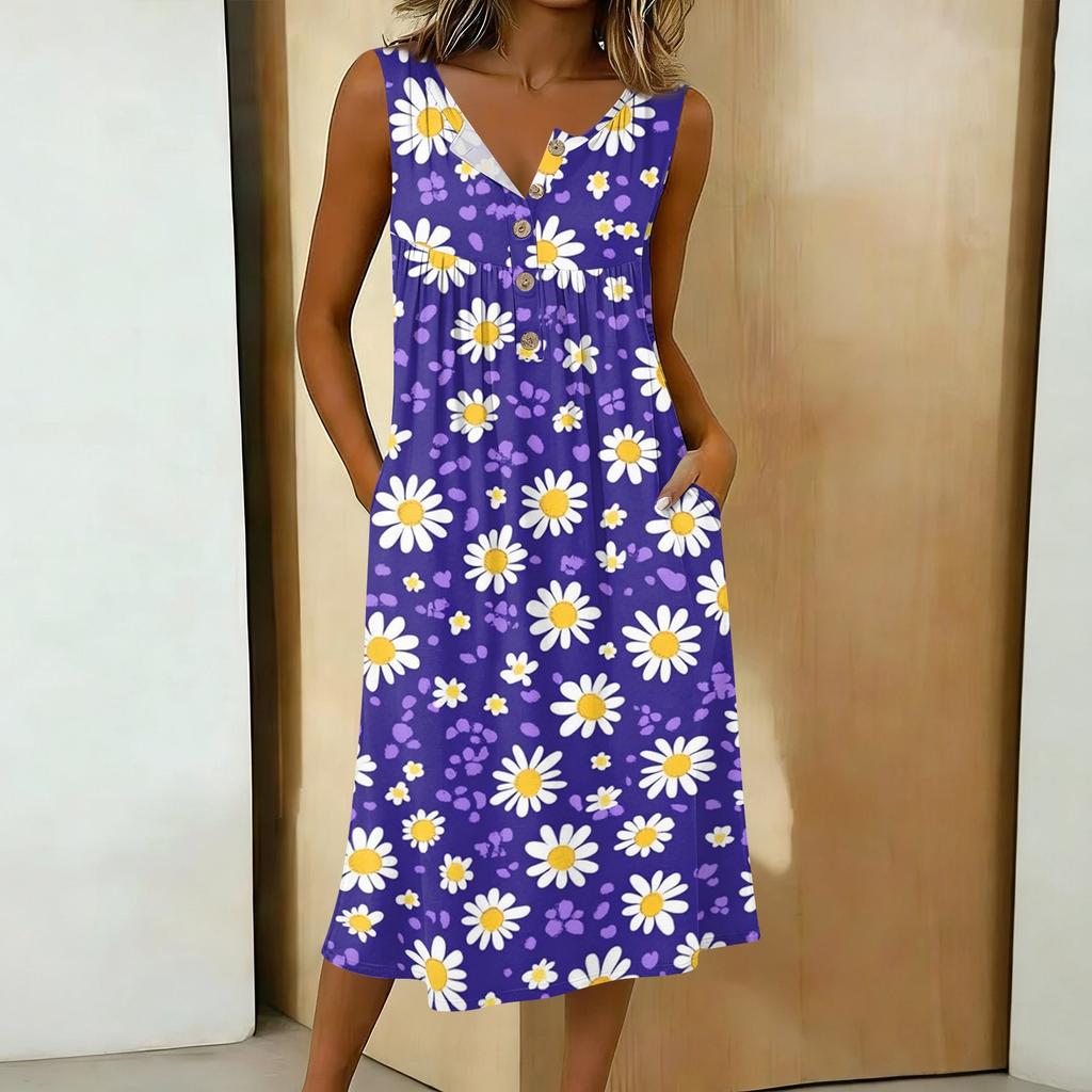 Women's Casual Sleeveless Button-down Mid-length Dress
