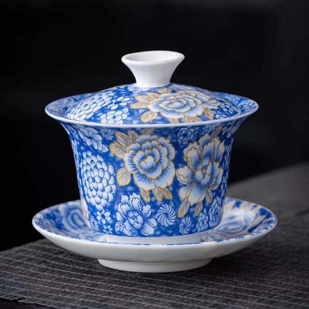 Rotating Sancai Gaiwan: Enamel Color Mutton Fat Jade Porcelain Tea Bowl with Lid for Kung Fu Tea Brewing.