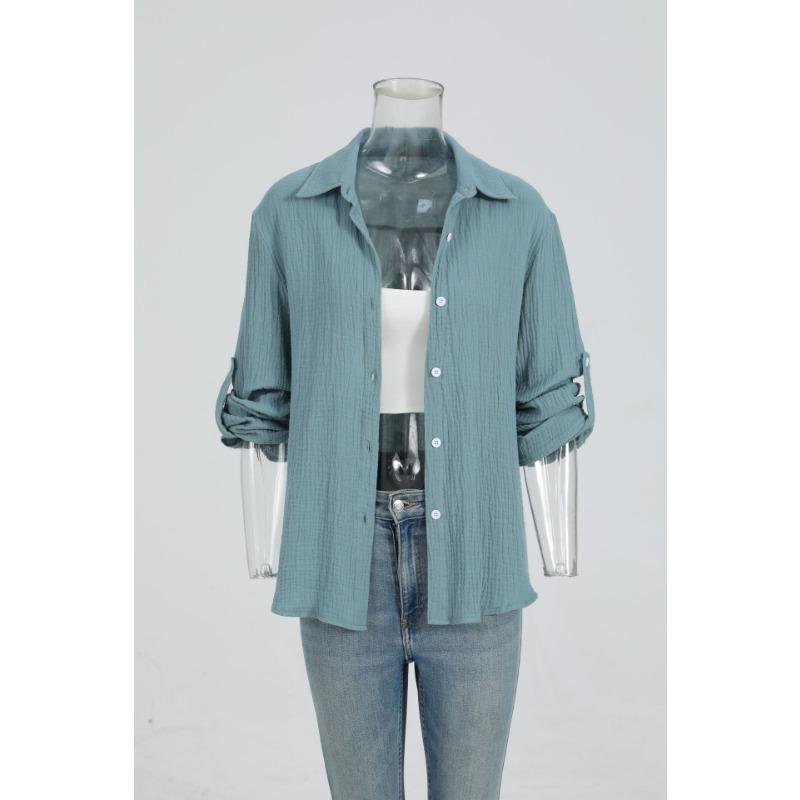 Womens Casual Button Up Long Sleeve Roll Tab Sleeve Shirt