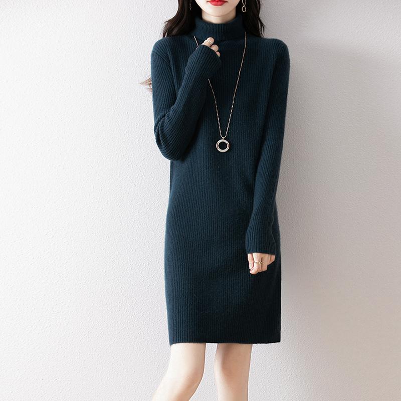 Women Sweater Dress 100% Wool MODERN NEW SAGA Turtleneck Knit Long Pullover Winter Jumpers Wool Long Dress Female