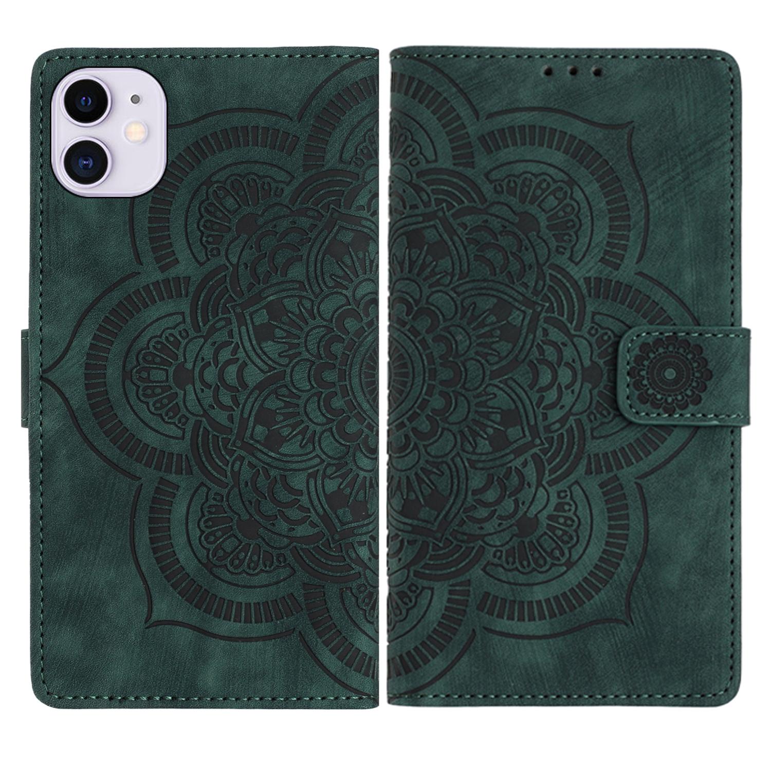

For iPhone 12 6.1 inch Leather Case WANLONFENG HDM Series Mandala Imprint Wallet Stand Phone Cover Green