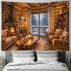 Gemütliche Holzhütte Kamin Innenwand Wandteppich Maschinenwaschbar Ganzjahres-Dekoration Kunstdruck Rustikales Blockhaus Design Zuhause