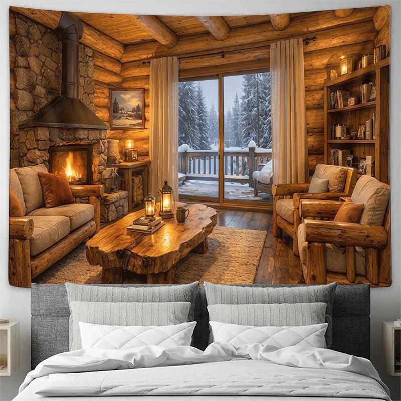 Gemütliche Holzhütte Kamin Innenwand Wandteppich Maschinenwaschbar Ganzjahres-Dekoration Kunstdruck Rustikales Blockhaus Design Zuhause