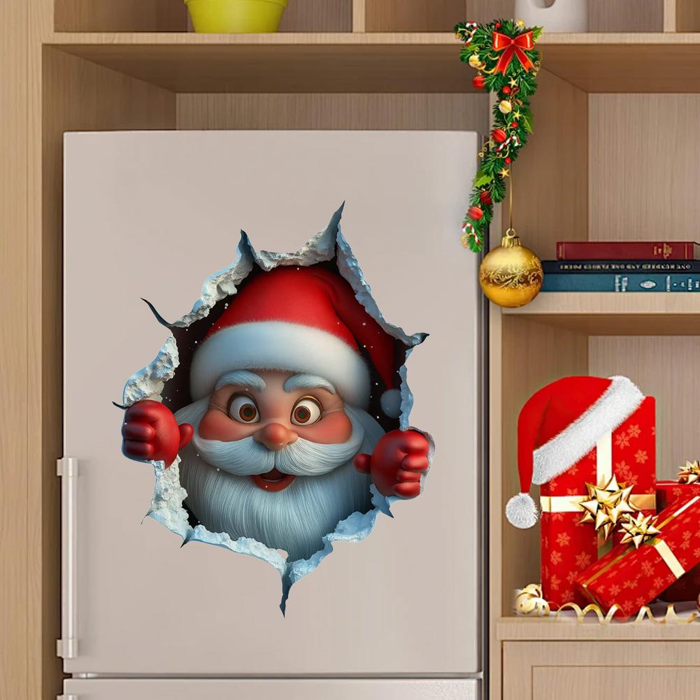 3D Stereo Santa Claus Break-Through Wall Decal Vinyl Christmas Wall Stickers, Removable Holiday Decor for Home and Living Spaces