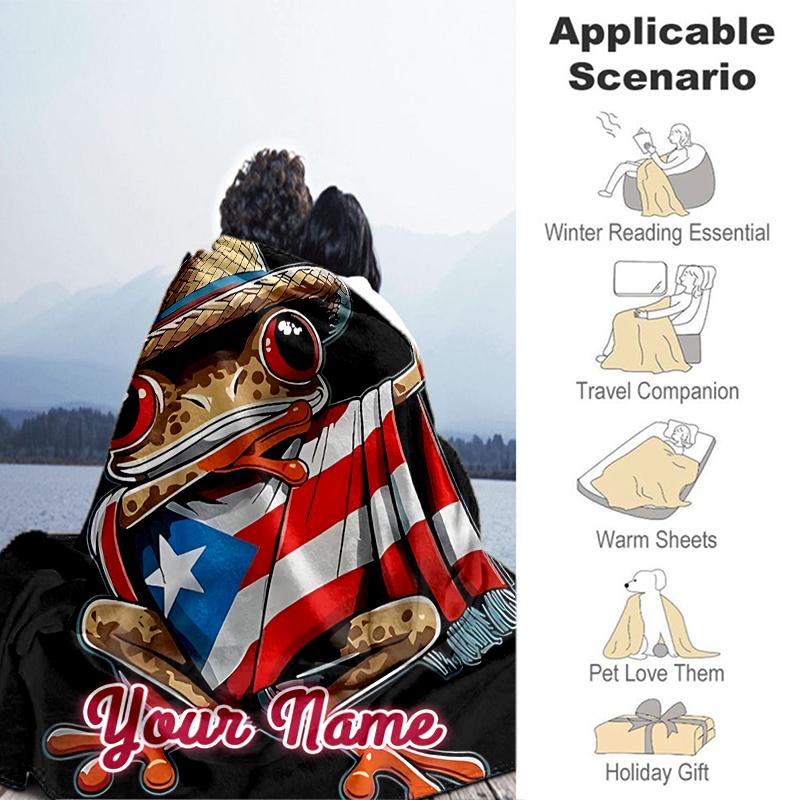 1PC Custom Name Frog Puerto Rican flag. outdooor Flannel blankets Throw Blanket All-Season Throw Gift Bedspread for Couch, Bed, Camping Holiday Birthd