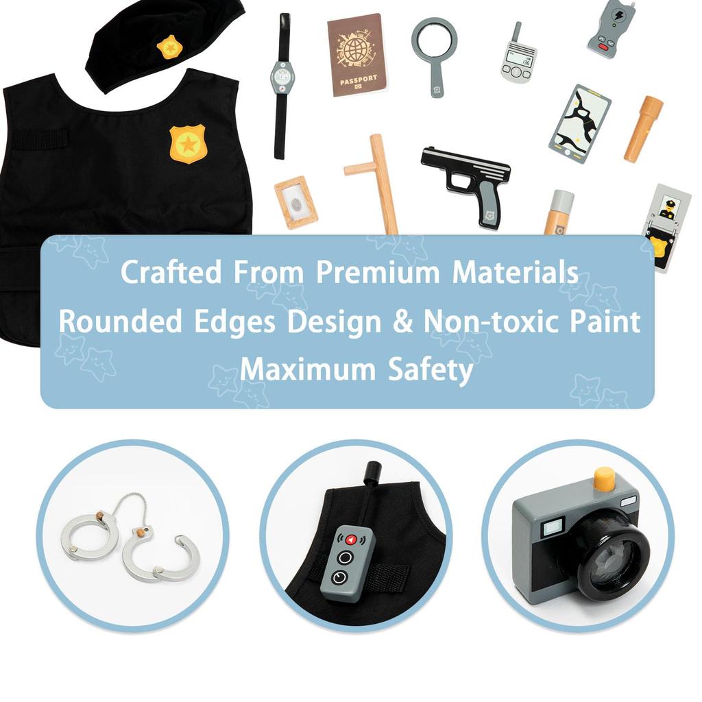 [UMU] 17-Piece Wooden Police Set for Kids, Includes Police Officer, Handcuffs, Police Gear, Toy Pistol, and Toy Walkie-Talkie for Role Play, Perfect