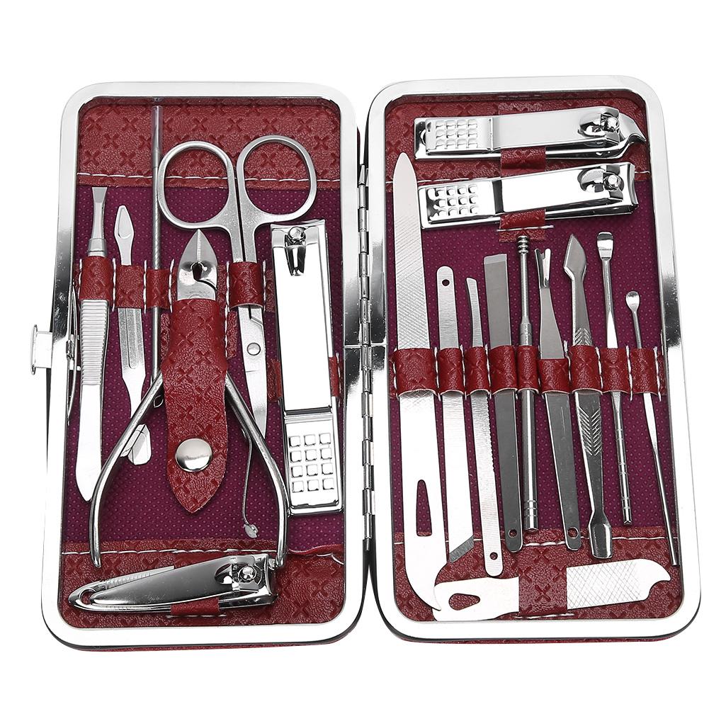 19pcs Manicure Pedicure Nail Clippers Set Stainless Steel Acne Removal Tool KitBurgundy