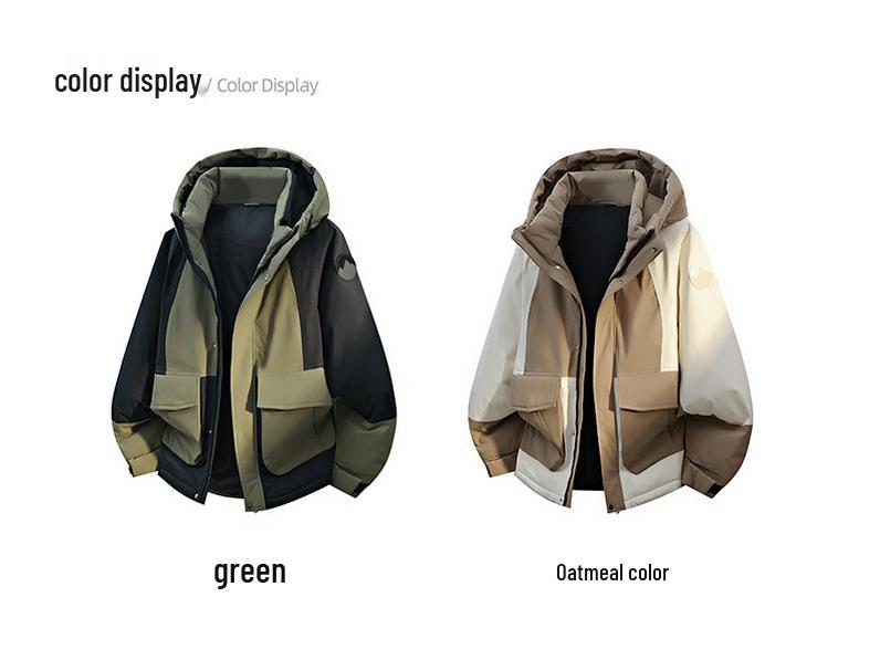 Trendy Hooded Patchwork Down Jacket for Couples: Autumn/Winter, Two-Way Zipper, 90% White Duck Down, Fashion Forward