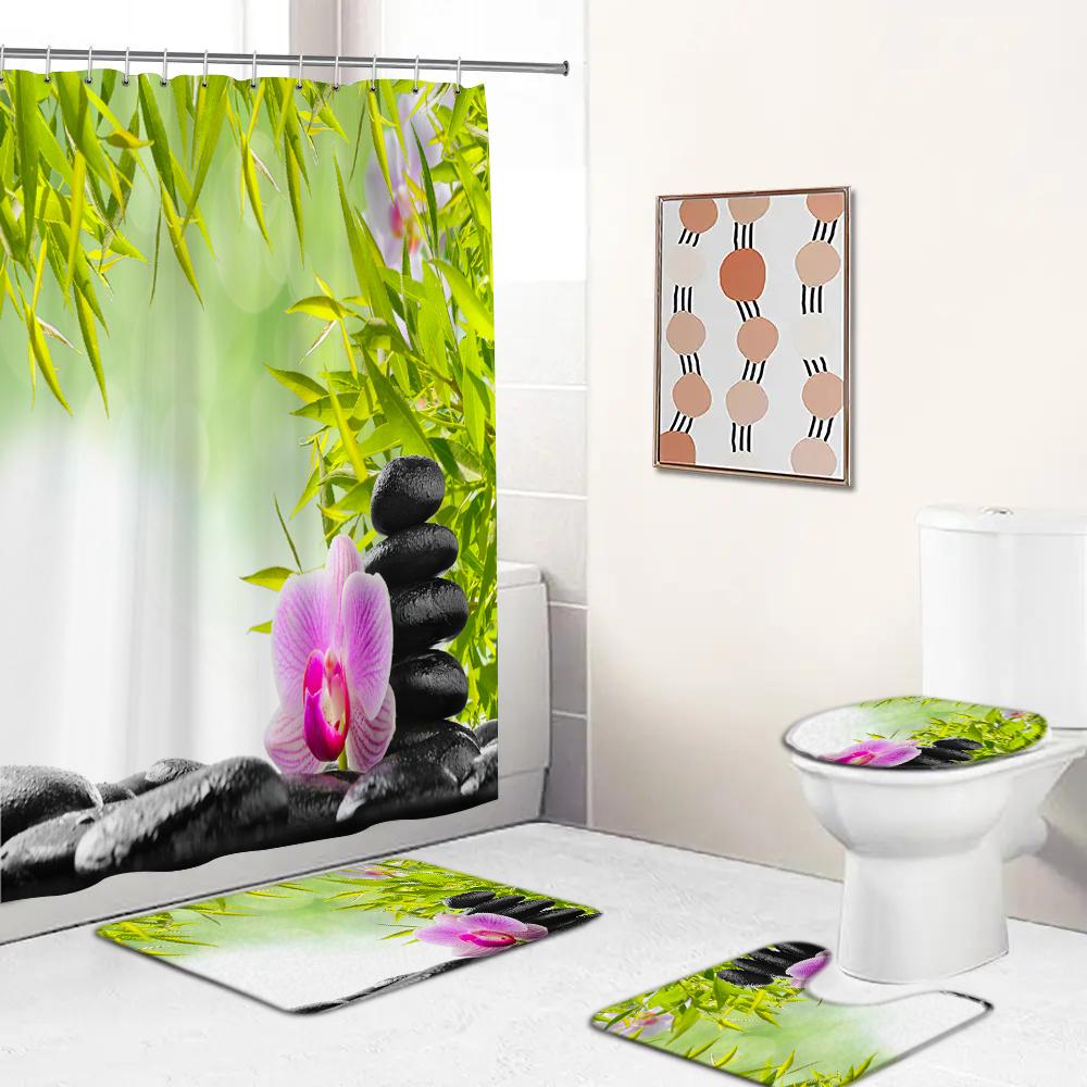 Grüne Pflanzen Bambus Blumen Zen Stein Badezimmervorhang Polyesterstoff Duschvorhänge und Teppiche Toilettendeckel Badematten Set Dekor