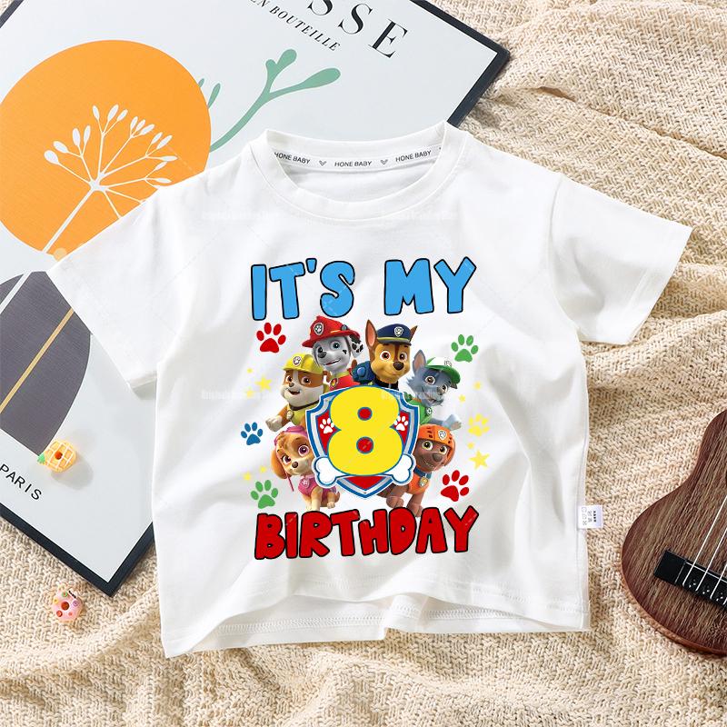 Paw Patrols Children Birthday Number T Shirt Clothes Party Cartoon Figure Print Boys T-Shirt White Short Sleeve Tops Tee Gift