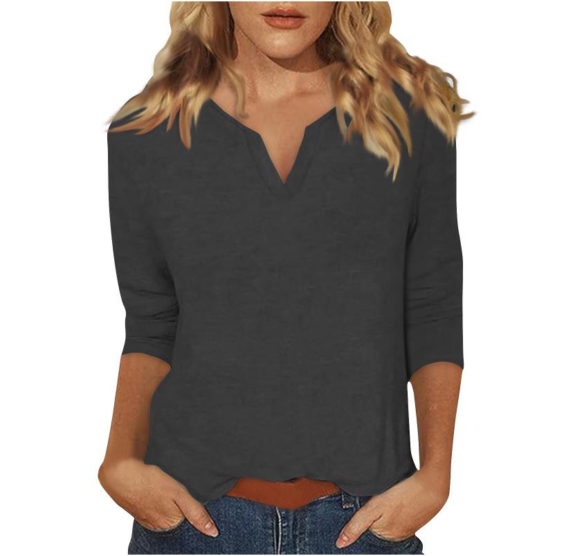 2025 Women's V-Neck 7-Point Sleeve Solid Color T-Shirt